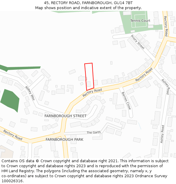 45, RECTORY ROAD, FARNBOROUGH, GU14 7BT: Location map and indicative extent of plot