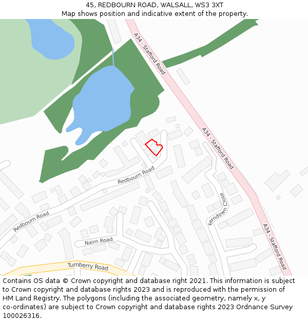 45, REDBOURN ROAD, WALSALL, WS3 3XT: Location map and indicative extent of plot