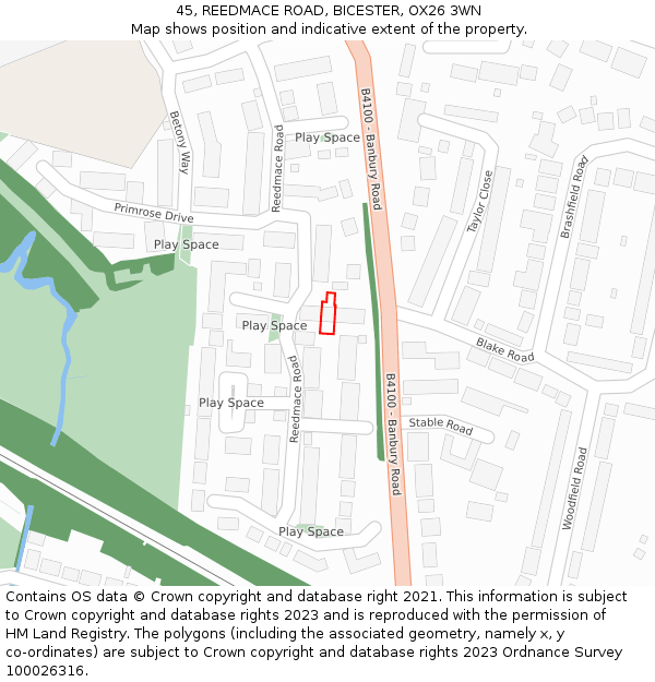 45, REEDMACE ROAD, BICESTER, OX26 3WN: Location map and indicative extent of plot