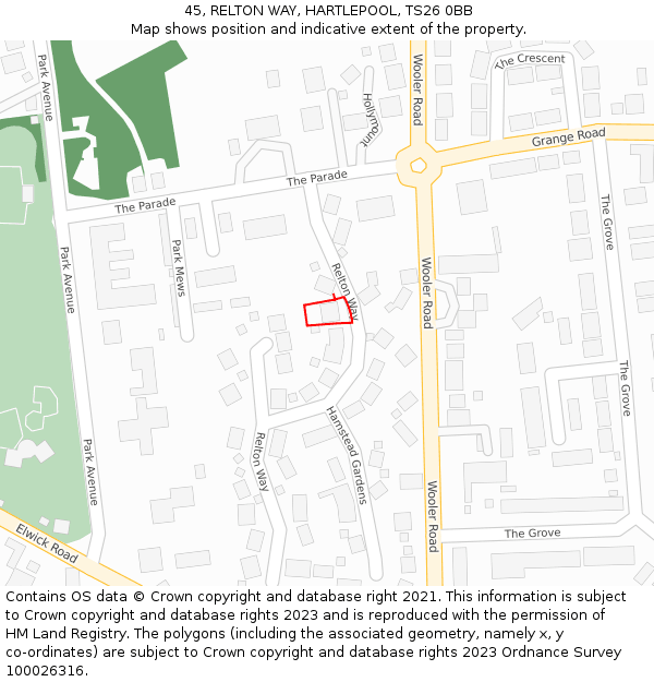 45, RELTON WAY, HARTLEPOOL, TS26 0BB: Location map and indicative extent of plot