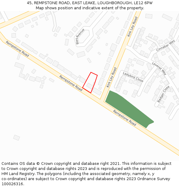 45, REMPSTONE ROAD, EAST LEAKE, LOUGHBOROUGH, LE12 6PW: Location map and indicative extent of plot