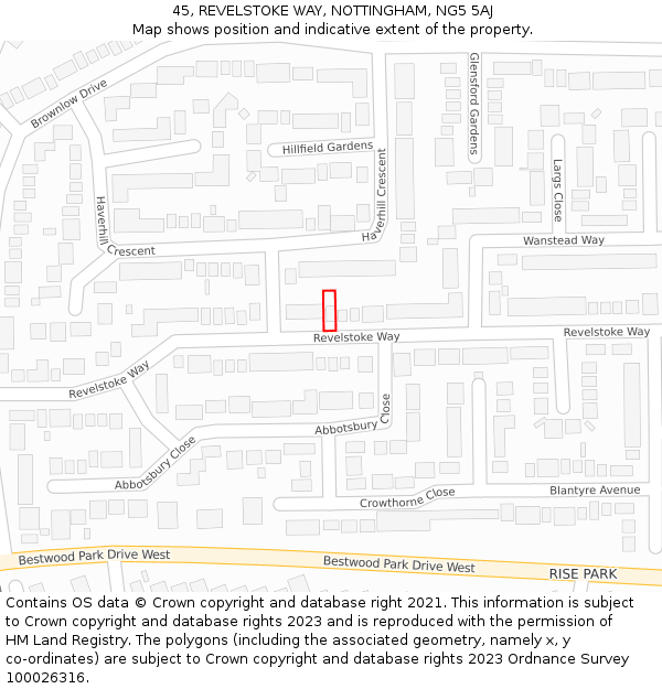 45, REVELSTOKE WAY, NOTTINGHAM, NG5 5AJ: Location map and indicative extent of plot