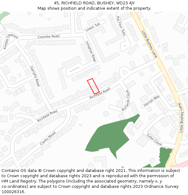 45, RICHFIELD ROAD, BUSHEY, WD23 4JY: Location map and indicative extent of plot