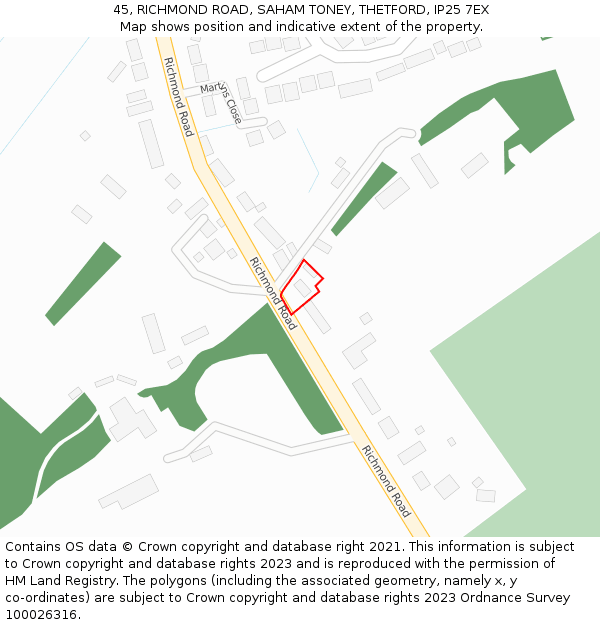 45, RICHMOND ROAD, SAHAM TONEY, THETFORD, IP25 7EX: Location map and indicative extent of plot