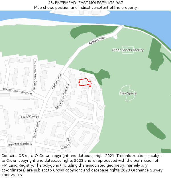 45, RIVERMEAD, EAST MOLESEY, KT8 9AZ: Location map and indicative extent of plot