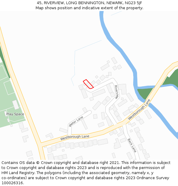 45, RIVERVIEW, LONG BENNINGTON, NEWARK, NG23 5JF: Location map and indicative extent of plot