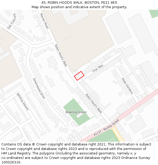 45, ROBIN HOODS WALK, BOSTON, PE21 9ES: Location map and indicative extent of plot