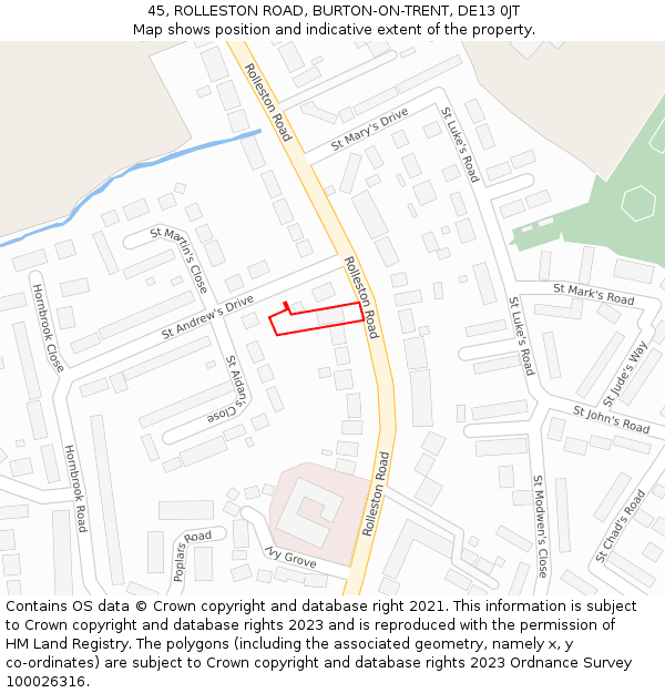 45, ROLLESTON ROAD, BURTON-ON-TRENT, DE13 0JT: Location map and indicative extent of plot