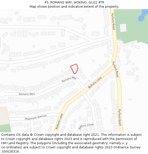 45, ROMANS WAY, WOKING, GU22 8TR: Location map and indicative extent of plot