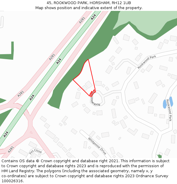 45, ROOKWOOD PARK, HORSHAM, RH12 1UB: Location map and indicative extent of plot