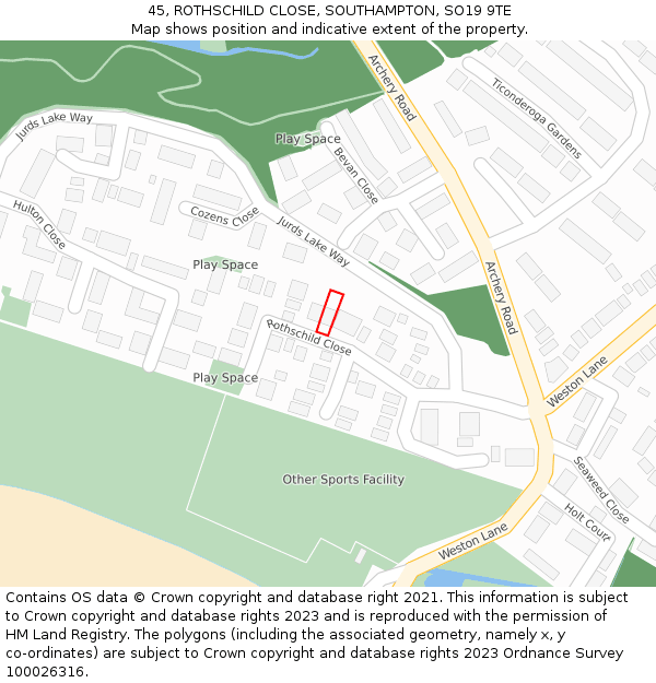 45, ROTHSCHILD CLOSE, SOUTHAMPTON, SO19 9TE: Location map and indicative extent of plot