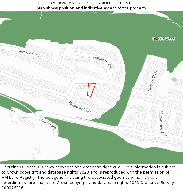 45, ROWLAND CLOSE, PLYMOUTH, PL9 9TH: Location map and indicative extent of plot