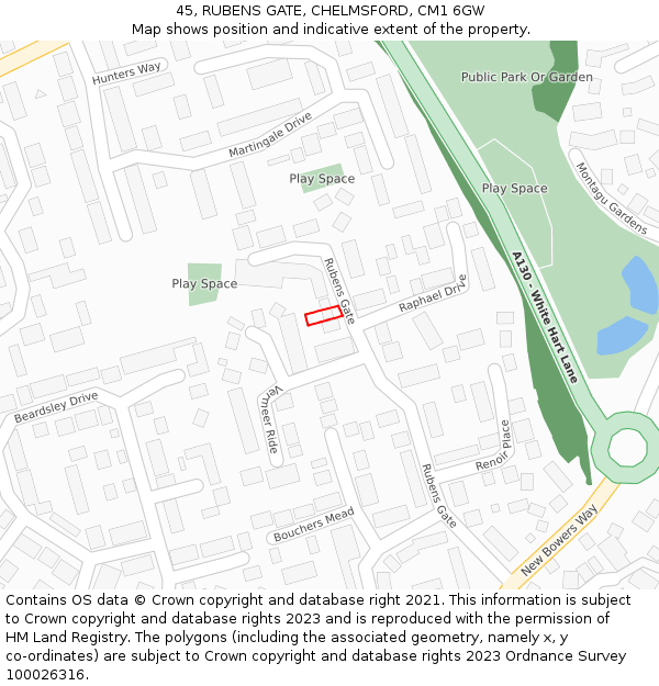 45, RUBENS GATE, CHELMSFORD, CM1 6GW: Location map and indicative extent of plot