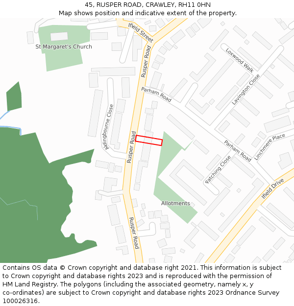 45, RUSPER ROAD, CRAWLEY, RH11 0HN: Location map and indicative extent of plot