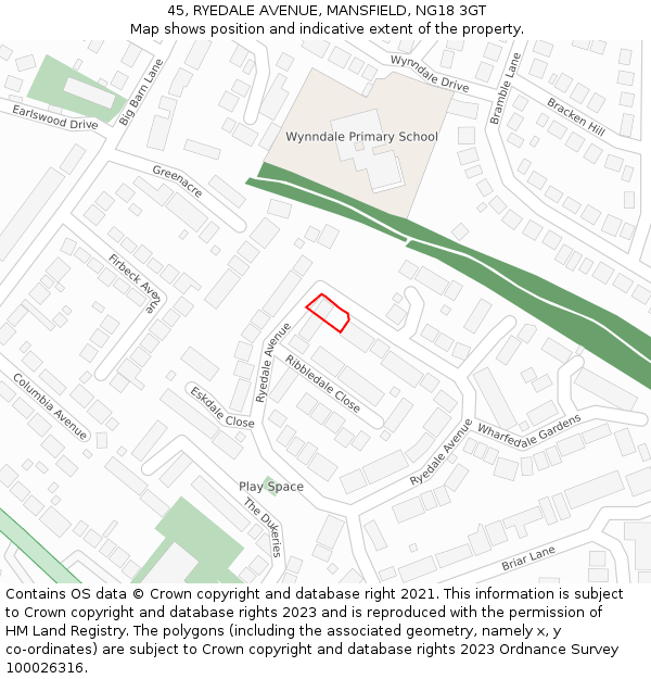 45, RYEDALE AVENUE, MANSFIELD, NG18 3GT: Location map and indicative extent of plot