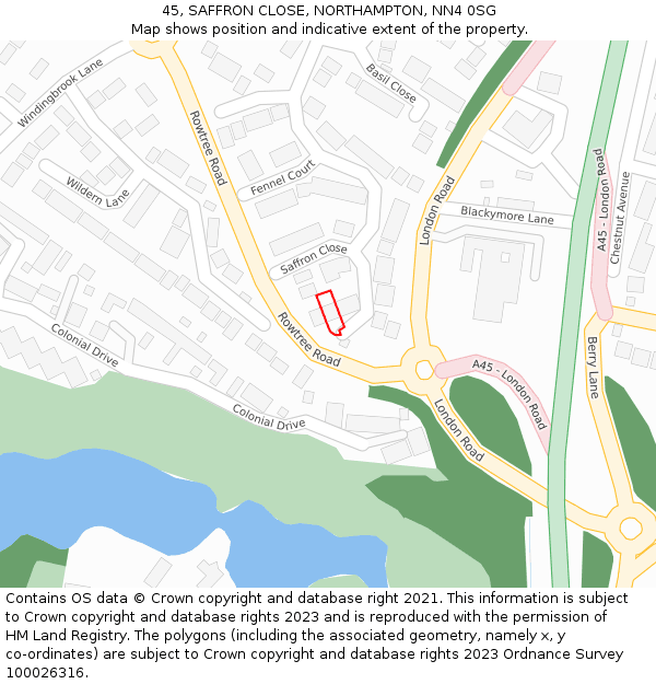 45, SAFFRON CLOSE, NORTHAMPTON, NN4 0SG: Location map and indicative extent of plot