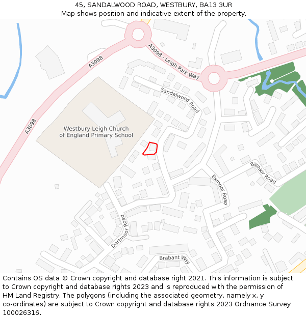 45, SANDALWOOD ROAD, WESTBURY, BA13 3UR: Location map and indicative extent of plot