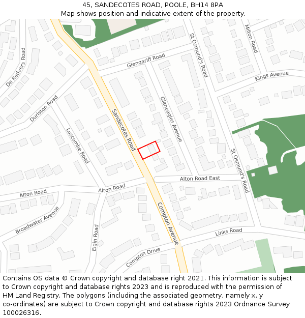 45, SANDECOTES ROAD, POOLE, BH14 8PA: Location map and indicative extent of plot