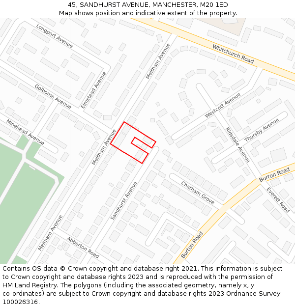 45, SANDHURST AVENUE, MANCHESTER, M20 1ED: Location map and indicative extent of plot
