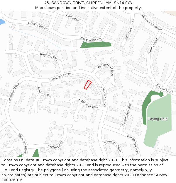 45, SANDOWN DRIVE, CHIPPENHAM, SN14 0YA: Location map and indicative extent of plot