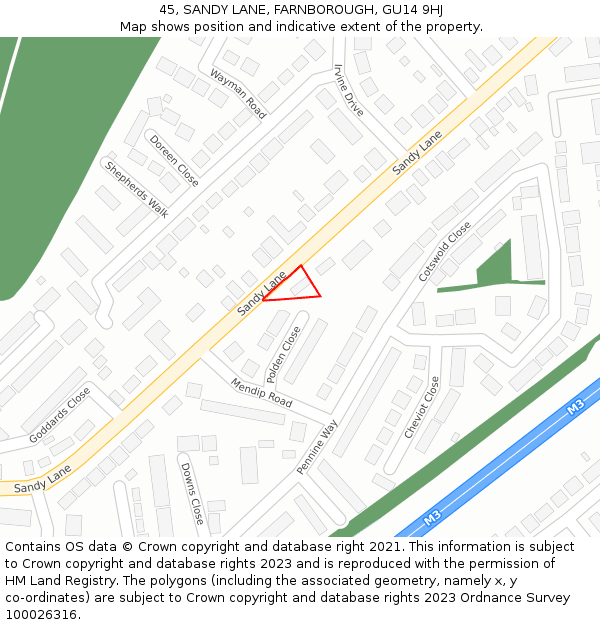 45, SANDY LANE, FARNBOROUGH, GU14 9HJ: Location map and indicative extent of plot