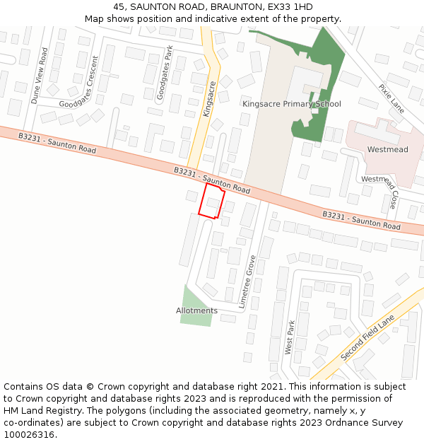 45, SAUNTON ROAD, BRAUNTON, EX33 1HD: Location map and indicative extent of plot