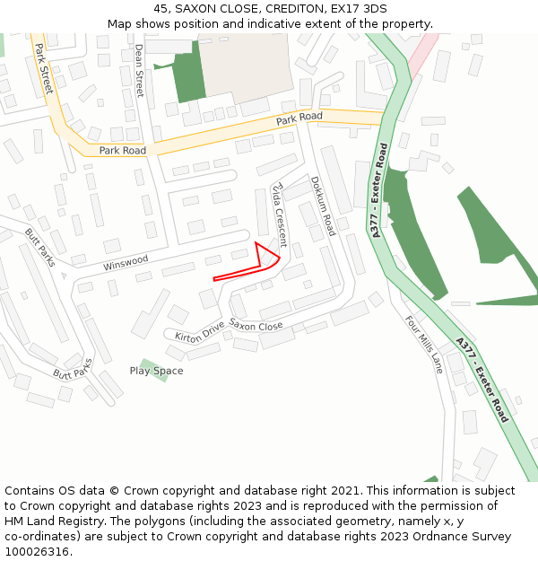 45, SAXON CLOSE, CREDITON, EX17 3DS: Location map and indicative extent of plot