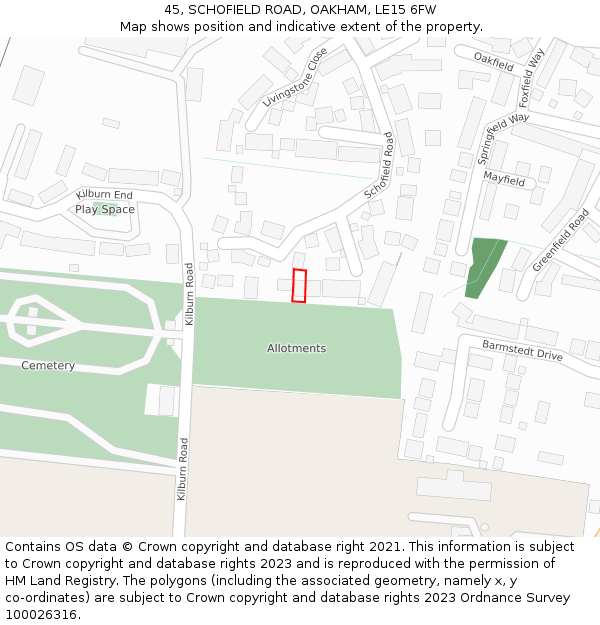 45, SCHOFIELD ROAD, OAKHAM, LE15 6FW: Location map and indicative extent of plot