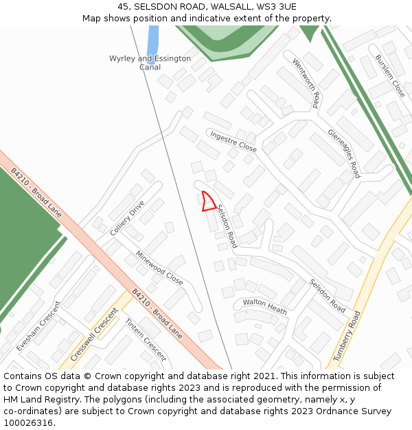 45, SELSDON ROAD, WALSALL, WS3 3UE: Location map and indicative extent of plot
