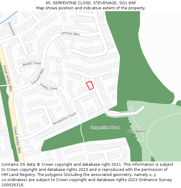 45, SERPENTINE CLOSE, STEVENAGE, SG1 6AP: Location map and indicative extent of plot