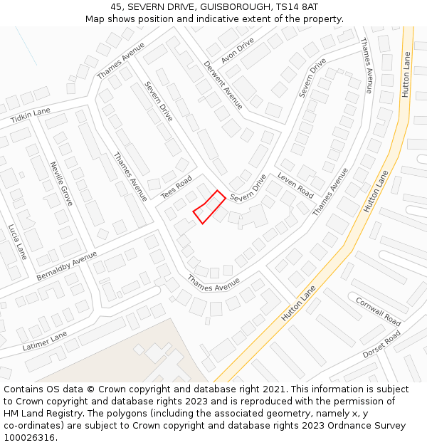 45, SEVERN DRIVE, GUISBOROUGH, TS14 8AT: Location map and indicative extent of plot