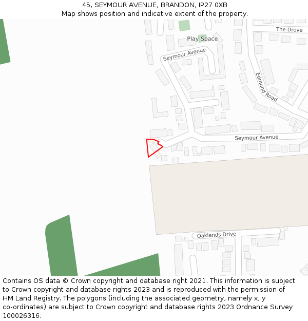 45, SEYMOUR AVENUE, BRANDON, IP27 0XB: Location map and indicative extent of plot