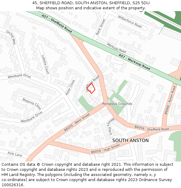 45, SHEFFIELD ROAD, SOUTH ANSTON, SHEFFIELD, S25 5DU: Location map and indicative extent of plot