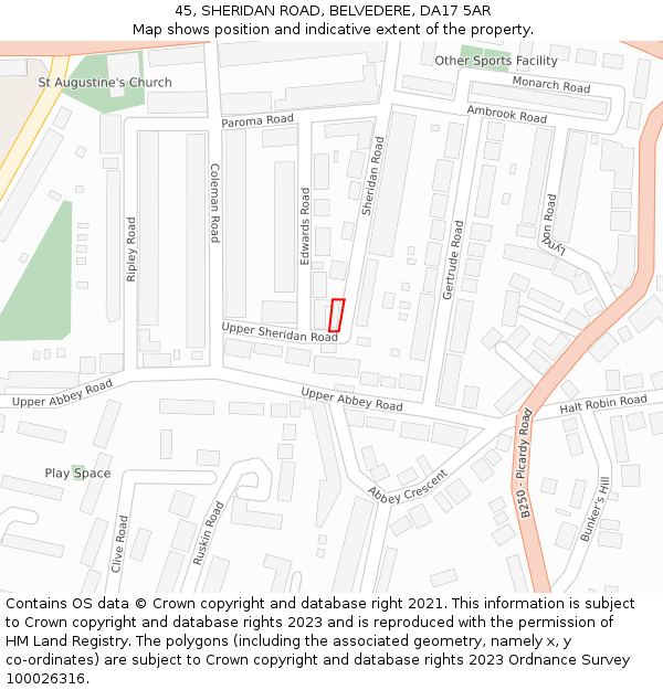 45, SHERIDAN ROAD, BELVEDERE, DA17 5AR: Location map and indicative extent of plot