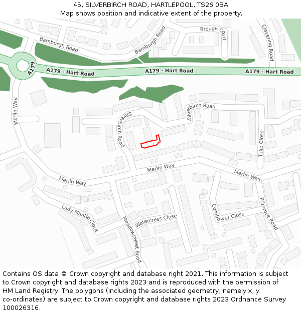 45, SILVERBIRCH ROAD, HARTLEPOOL, TS26 0BA: Location map and indicative extent of plot