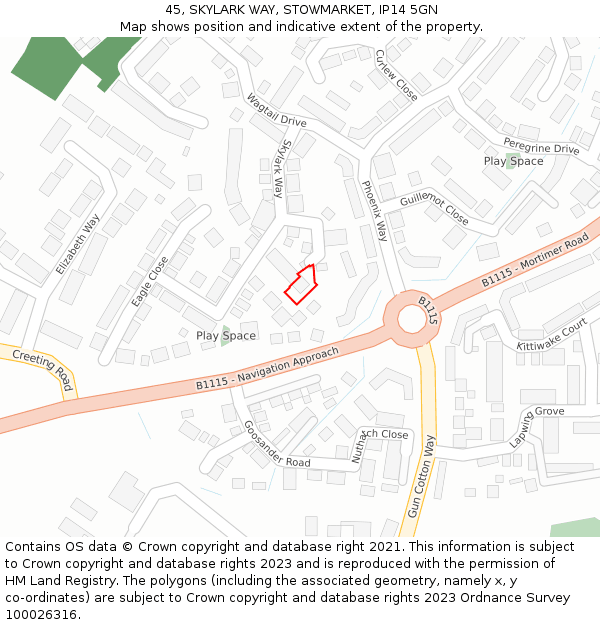 45, SKYLARK WAY, STOWMARKET, IP14 5GN: Location map and indicative extent of plot