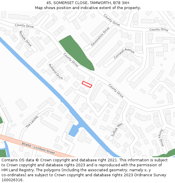 45, SOMERSET CLOSE, TAMWORTH, B78 3XH: Location map and indicative extent of plot