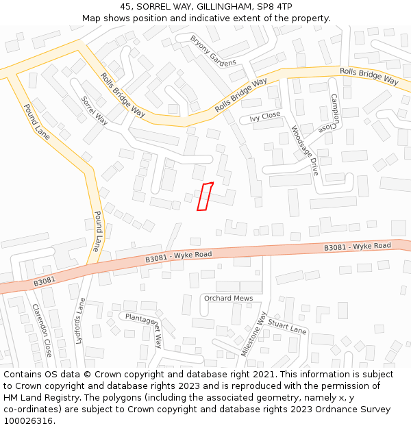 45, SORREL WAY, GILLINGHAM, SP8 4TP: Location map and indicative extent of plot