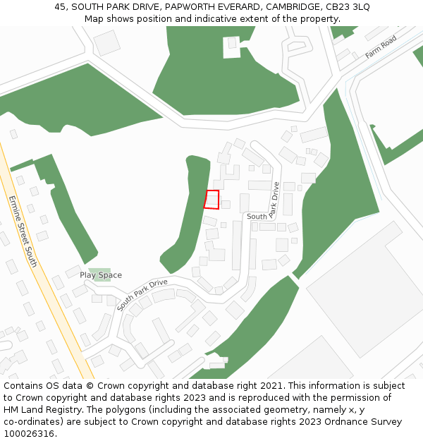45, SOUTH PARK DRIVE, PAPWORTH EVERARD, CAMBRIDGE, CB23 3LQ: Location map and indicative extent of plot