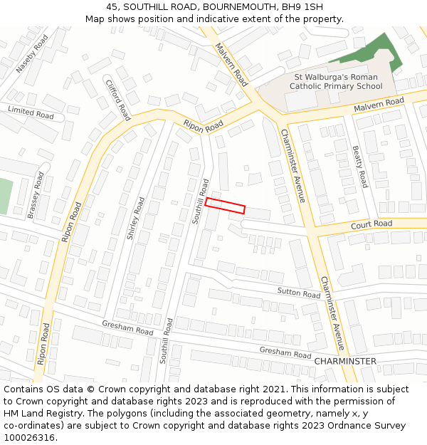 45, SOUTHILL ROAD, BOURNEMOUTH, BH9 1SH: Location map and indicative extent of plot