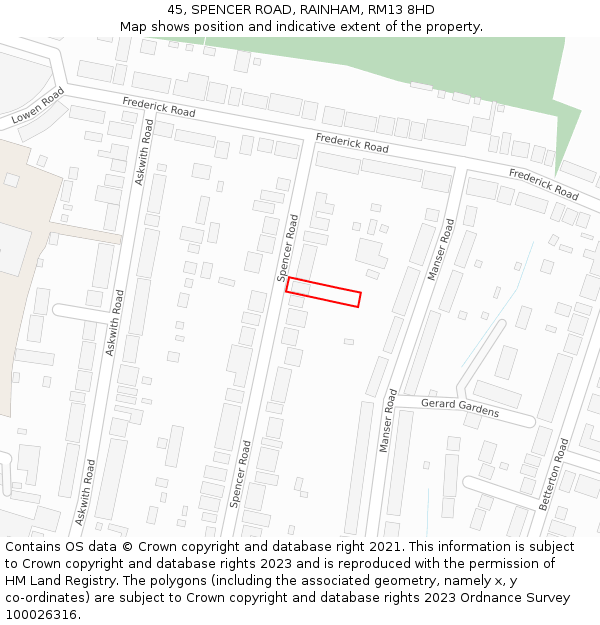 45, SPENCER ROAD, RAINHAM, RM13 8HD: Location map and indicative extent of plot