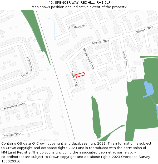 45, SPENCER WAY, REDHILL, RH1 5LF: Location map and indicative extent of plot