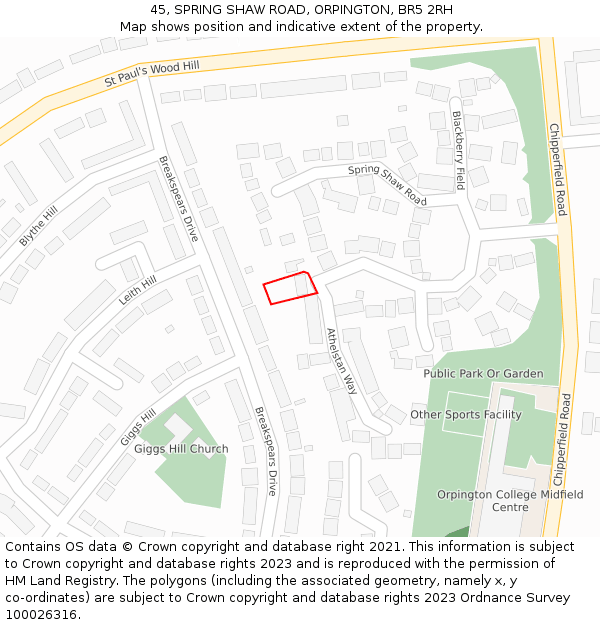 45, SPRING SHAW ROAD, ORPINGTON, BR5 2RH: Location map and indicative extent of plot