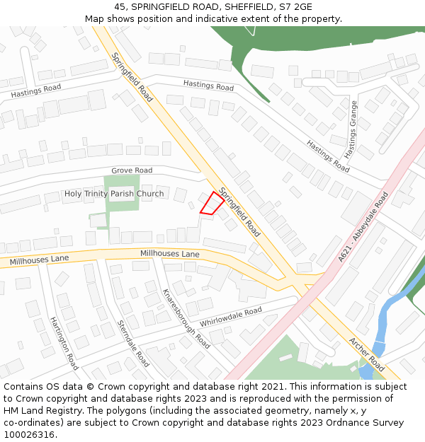45, SPRINGFIELD ROAD, SHEFFIELD, S7 2GE: Location map and indicative extent of plot