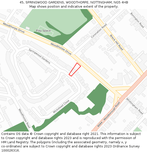 45, SPRINGWOOD GARDENS, WOODTHORPE, NOTTINGHAM, NG5 4HB: Location map and indicative extent of plot