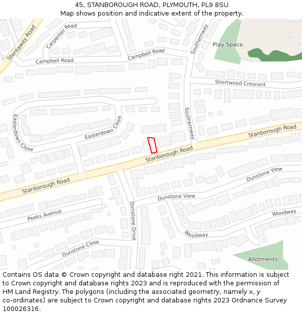 45, STANBOROUGH ROAD, PLYMOUTH, PL9 8SU: Location map and indicative extent of plot