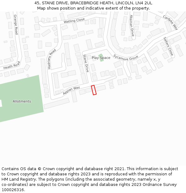 45, STANE DRIVE, BRACEBRIDGE HEATH, LINCOLN, LN4 2UL: Location map and indicative extent of plot