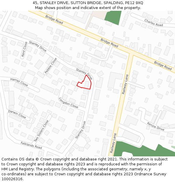 45, STANLEY DRIVE, SUTTON BRIDGE, SPALDING, PE12 9XQ: Location map and indicative extent of plot