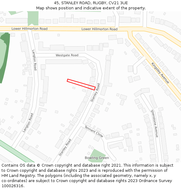 45, STANLEY ROAD, RUGBY, CV21 3UE: Location map and indicative extent of plot