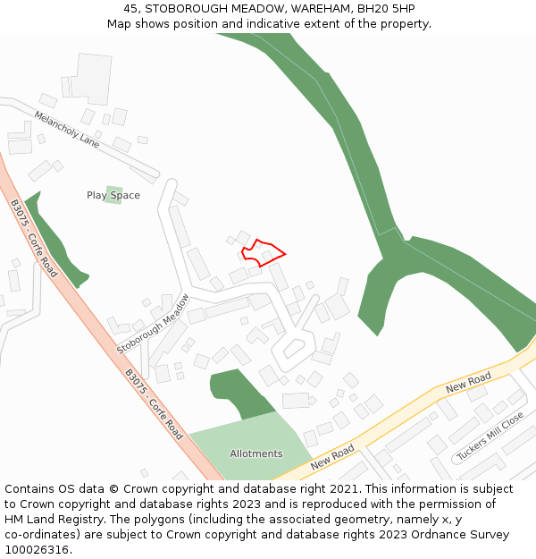 45, STOBOROUGH MEADOW, WAREHAM, BH20 5HP: Location map and indicative extent of plot